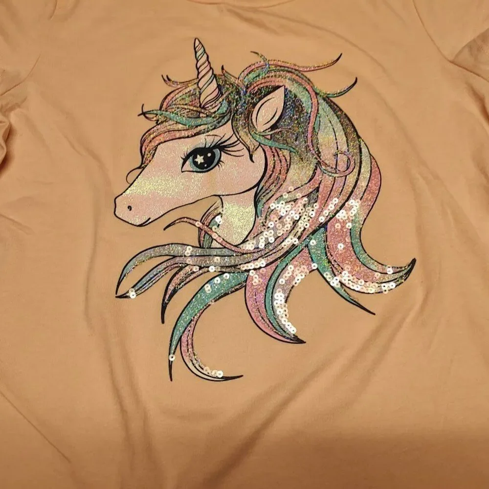 New The Children's Place Pink Glittery Unicorn  Shirt Size Girl's XL 14